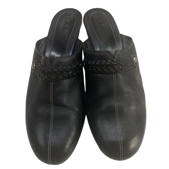 COLE HAAN Women Leather Clogs Size 10 Black Mules Slip On Wedge Casual - Picture 1 of 9